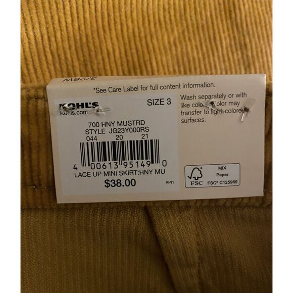 SO Women's Mini Corduroy Skirt Sz‎ Jr 3/26W Mustard Yellow Tie Up Front Side Zip - Picture 5 of 6